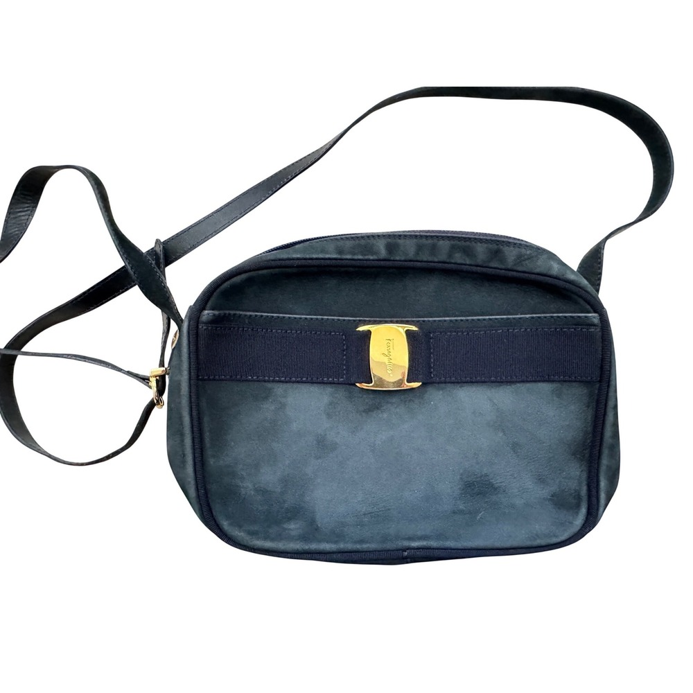 Salvatore Ferragamo Navy Blue Suede Vara Bow Crossbody Bag BA214183 Italy